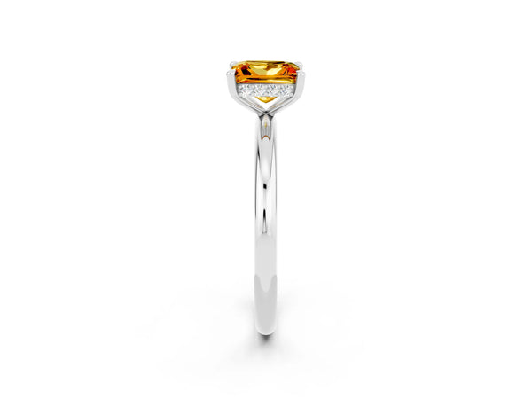Platinum Princess Cut Citrine Solitaire Ring with Thin Band and Four-Prong Setting