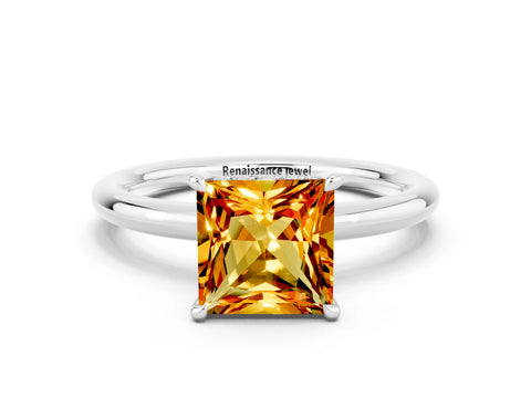 White gold Princess Cut Citrine Solitaire Ring with Thin Band and Four-Prong Setting