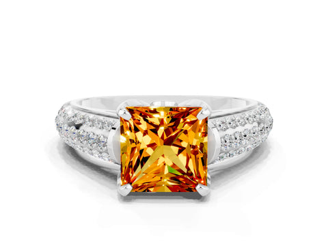 White gold Princess Cut Citrine Solitaire Ring with Three-Row Pavé Band and Four-Prong Setting_12