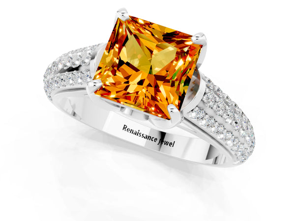 White gold Princess Cut Citrine Solitaire Ring with Three-Row Pavé Band and Four-Prong Setting