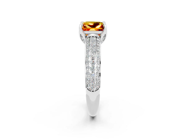 White gold Princess Cut Citrine Solitaire Ring with Three-Row Pavé Band and Four-Prong Setting