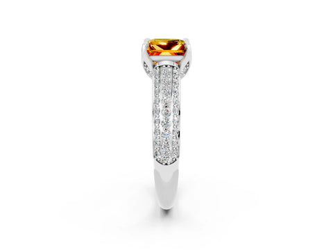 White gold Princess Cut Citrine Solitaire Ring with Three-Row Pavé Band and Four-Prong Setting_14