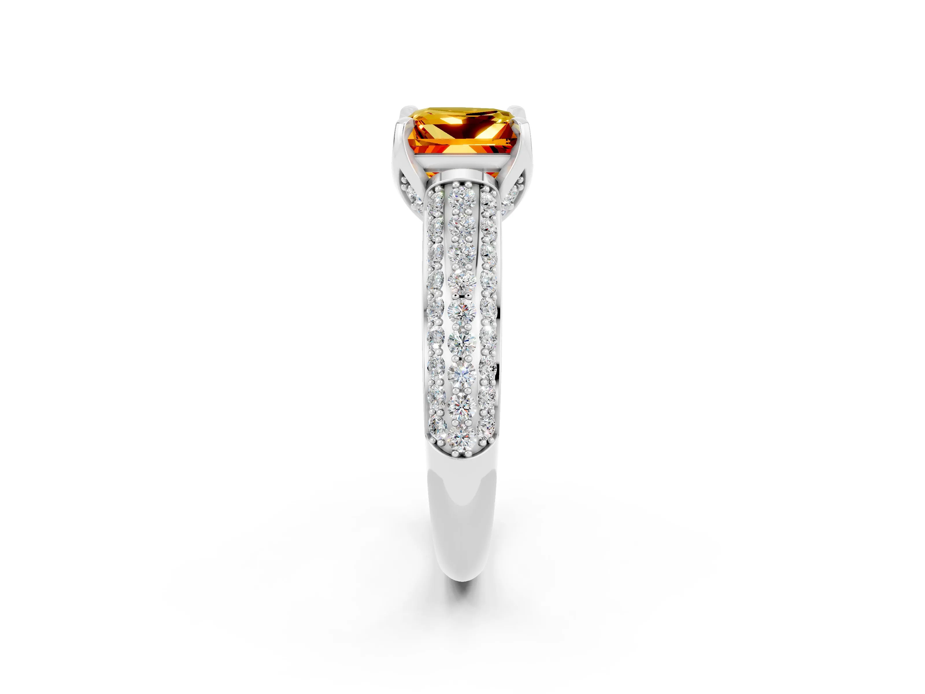 White gold Princess Cut Citrine Solitaire Ring with Three-Row Pavé Band and Four-Prong Setting_14