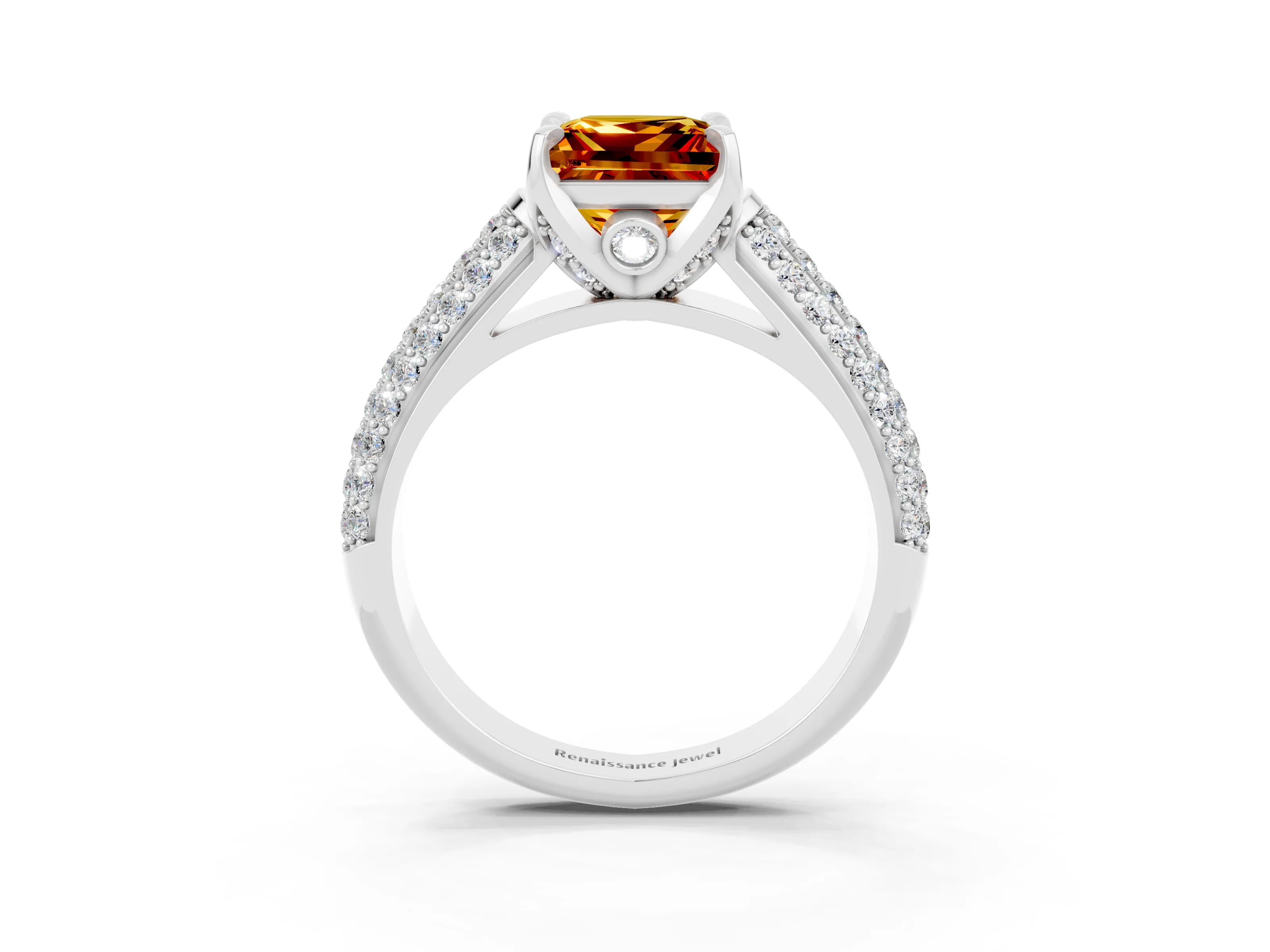 White gold Princess Cut Citrine Solitaire Ring with Three-Row Pavé Band and Four-Prong Setting_15
