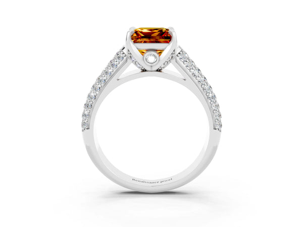 Platinum Princess Cut Citrine Solitaire Ring with Three-Row Pavé Band and Four-Prong Setting