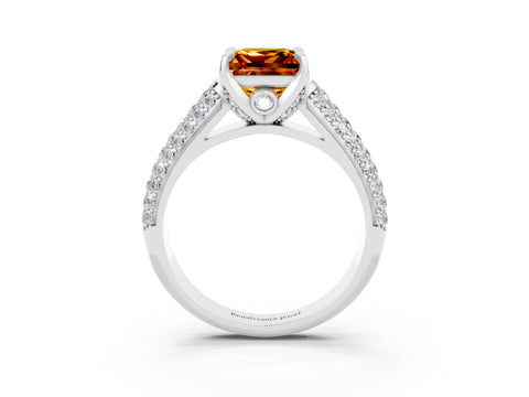 White gold Princess Cut Citrine Solitaire Ring with Three-Row Pavé Band and Four-Prong Setting_15