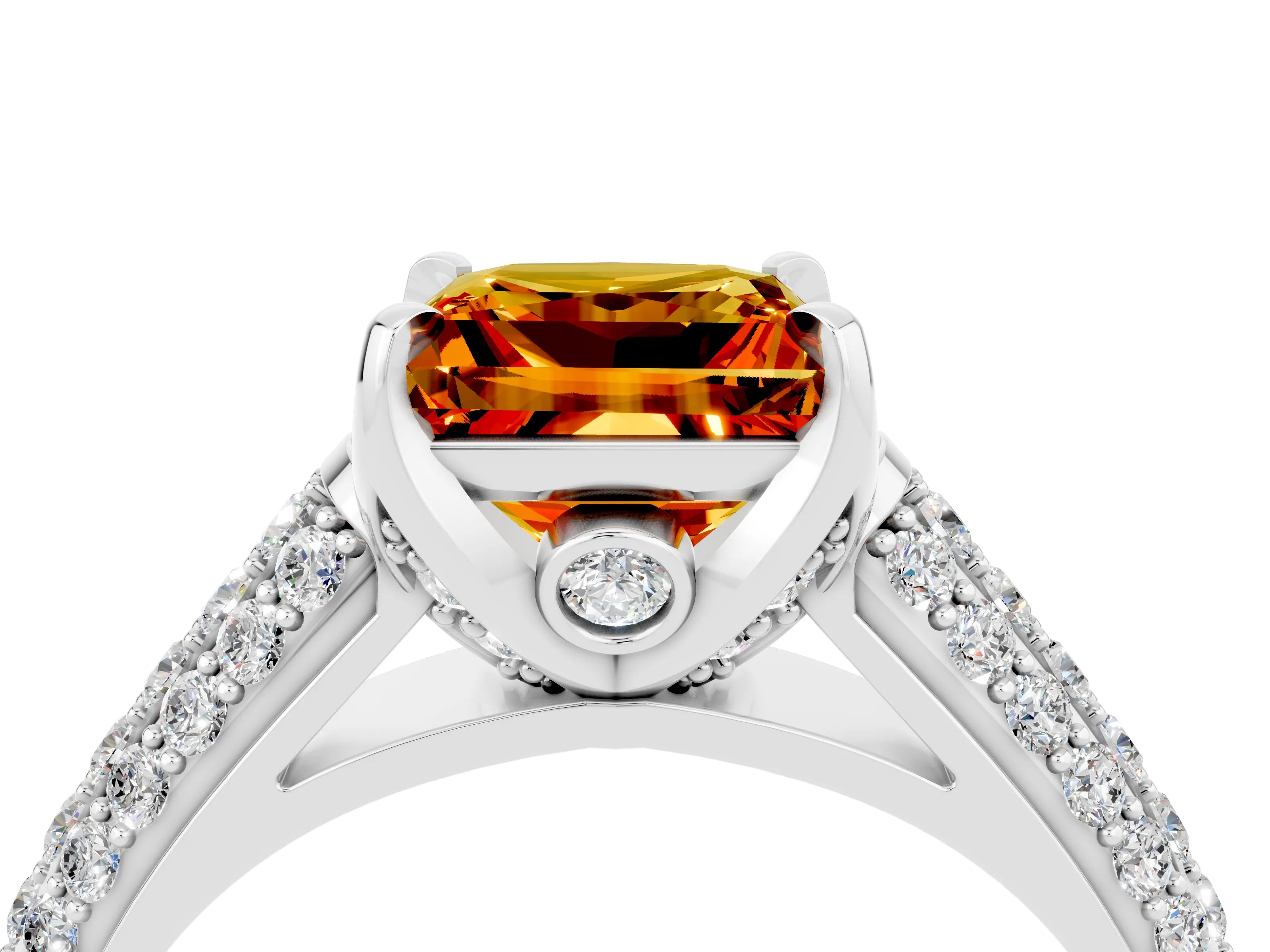 White gold Princess Cut Citrine Solitaire Ring with Three-Row Pavé Band and Four-Prong Setting_16