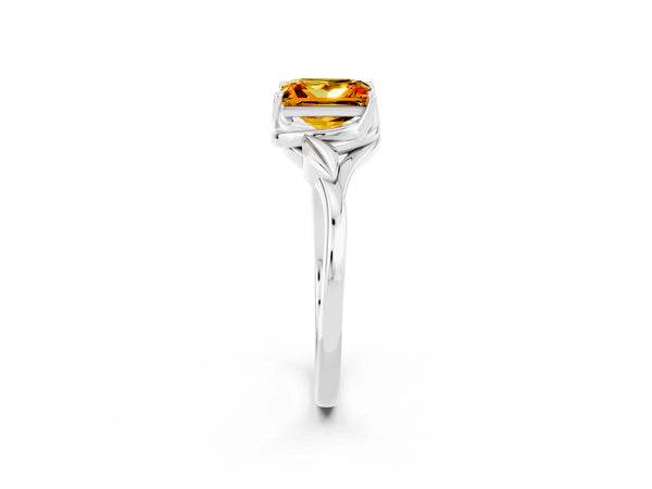 Platinum Princess Cut Citrine Solitaire Ring with Twist Band and Four-Prong Setting