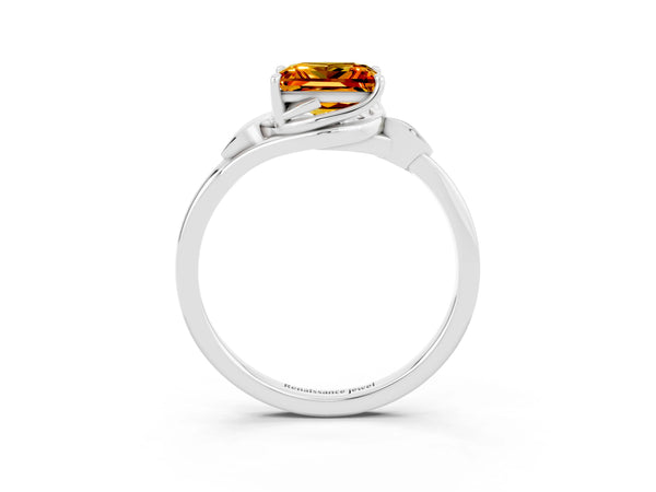 Platinum Princess Cut Citrine Solitaire Ring with Twist Band and Four-Prong Setting