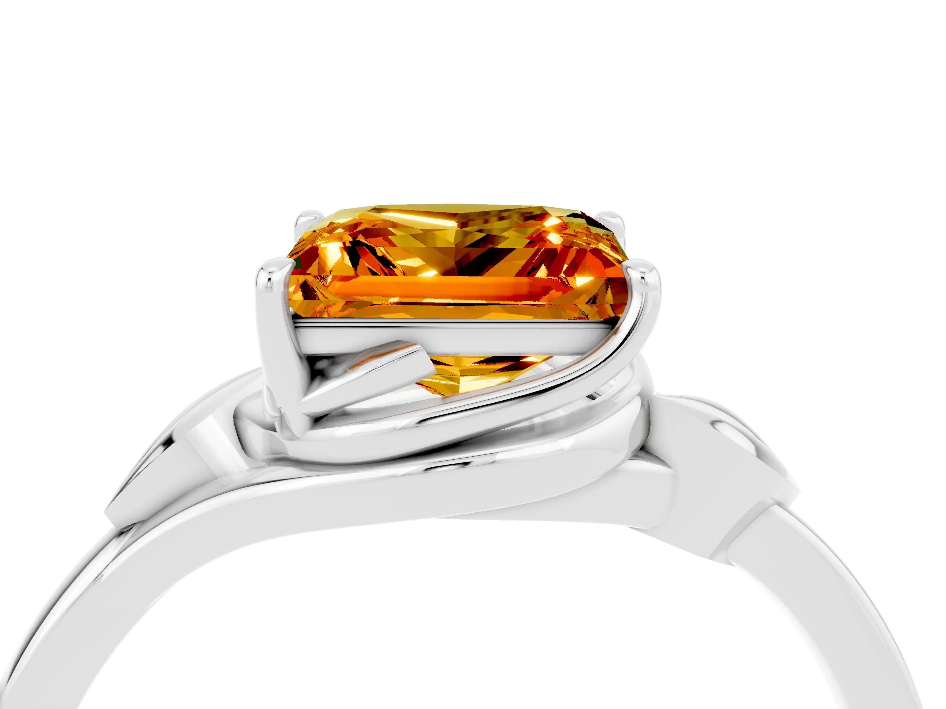 White gold Princess Cut Citrine Solitaire Ring with Twist Band and Four-Prong Setting_16