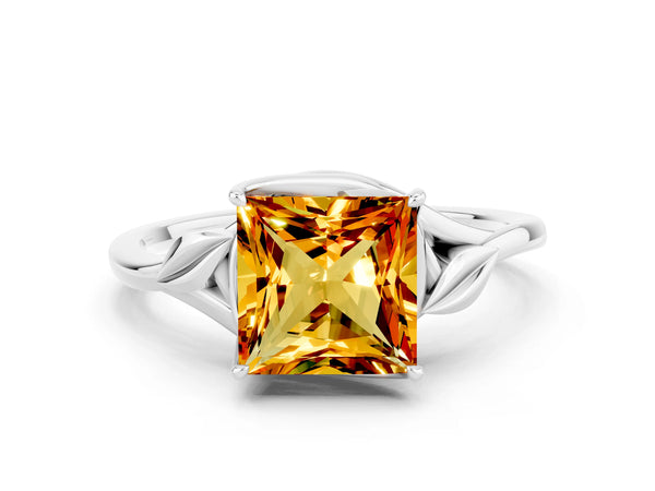White gold Princess Cut Citrine Solitaire Ring with Twist Band and Four-Prong Setting