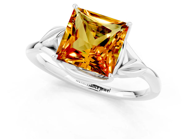 White gold Princess Cut Citrine Solitaire Ring with Twist Band and Four-Prong Setting