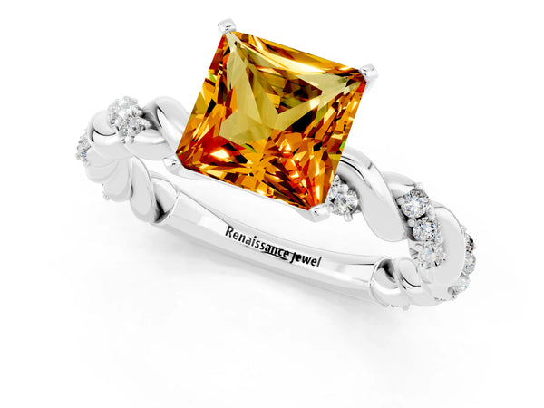 Platinum Princess Cut Citrine Solitaire Ring with Twisted Band and Pavé Accents
