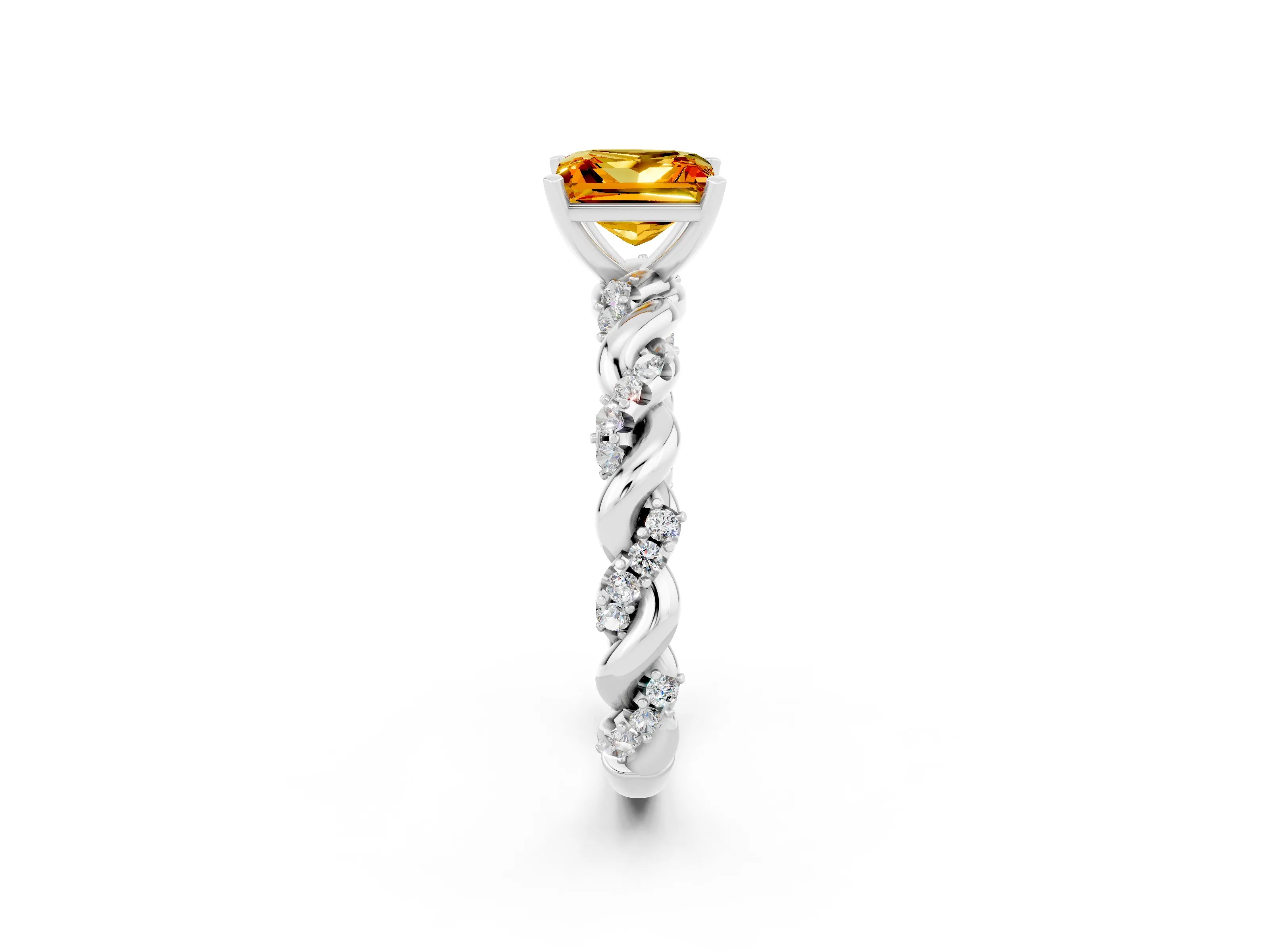 White gold Princess Cut Citrine Solitaire Ring with Twisted Band and Pavé Accents_2