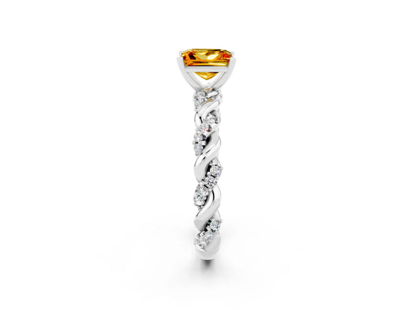 White gold Princess Cut Citrine Solitaire Ring with Twisted Band and Pavé Accents