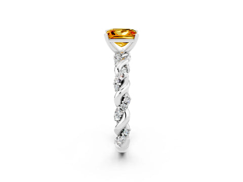 White gold Princess Cut Citrine Solitaire Ring with Twisted Band and Pavé Accents_2