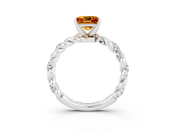 Platinum Princess Cut Citrine Solitaire Ring with Twisted Band and Pavé Accents