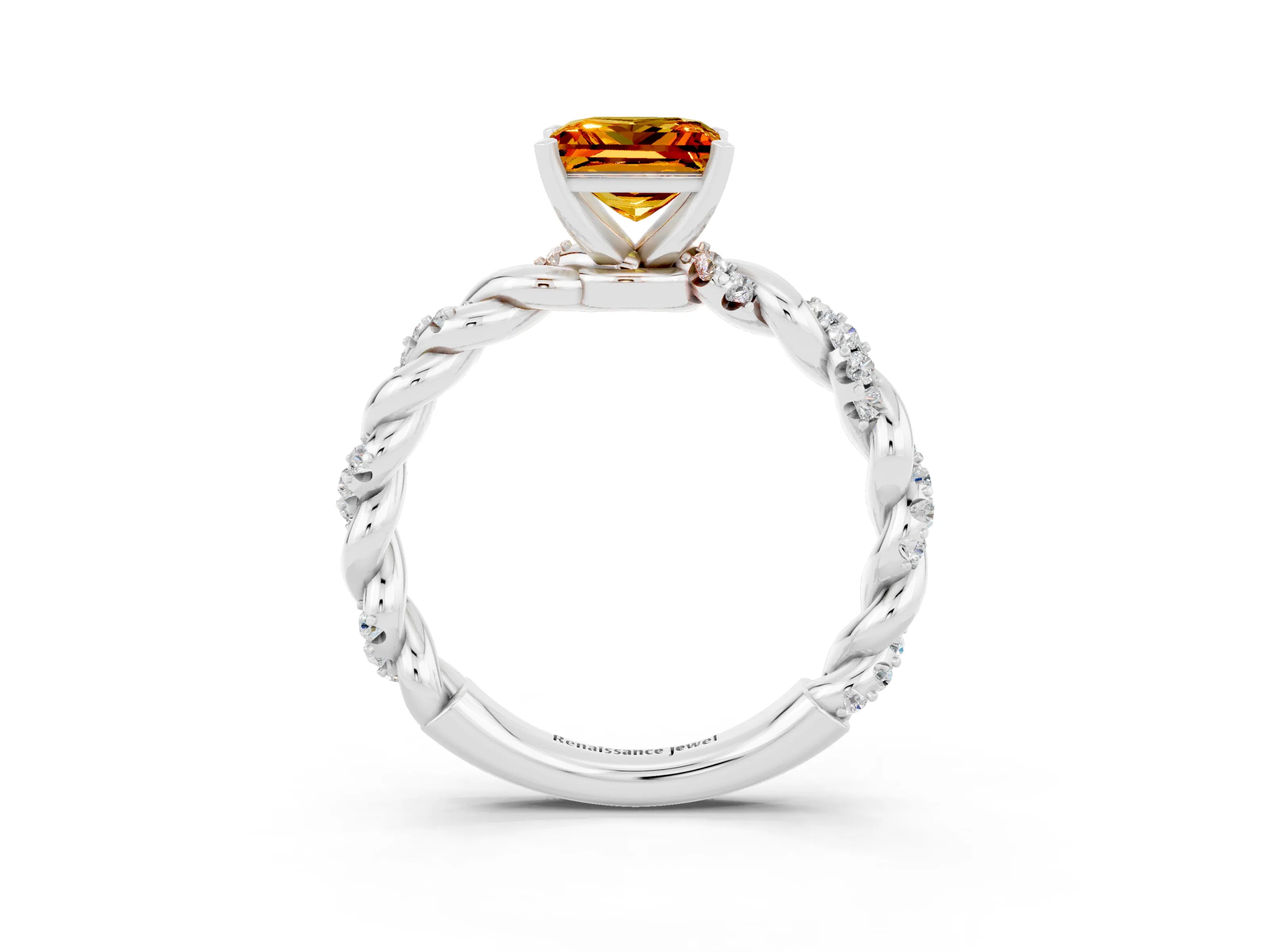White gold Princess Cut Citrine Solitaire Ring with Twisted Band and Pavé Accents_3