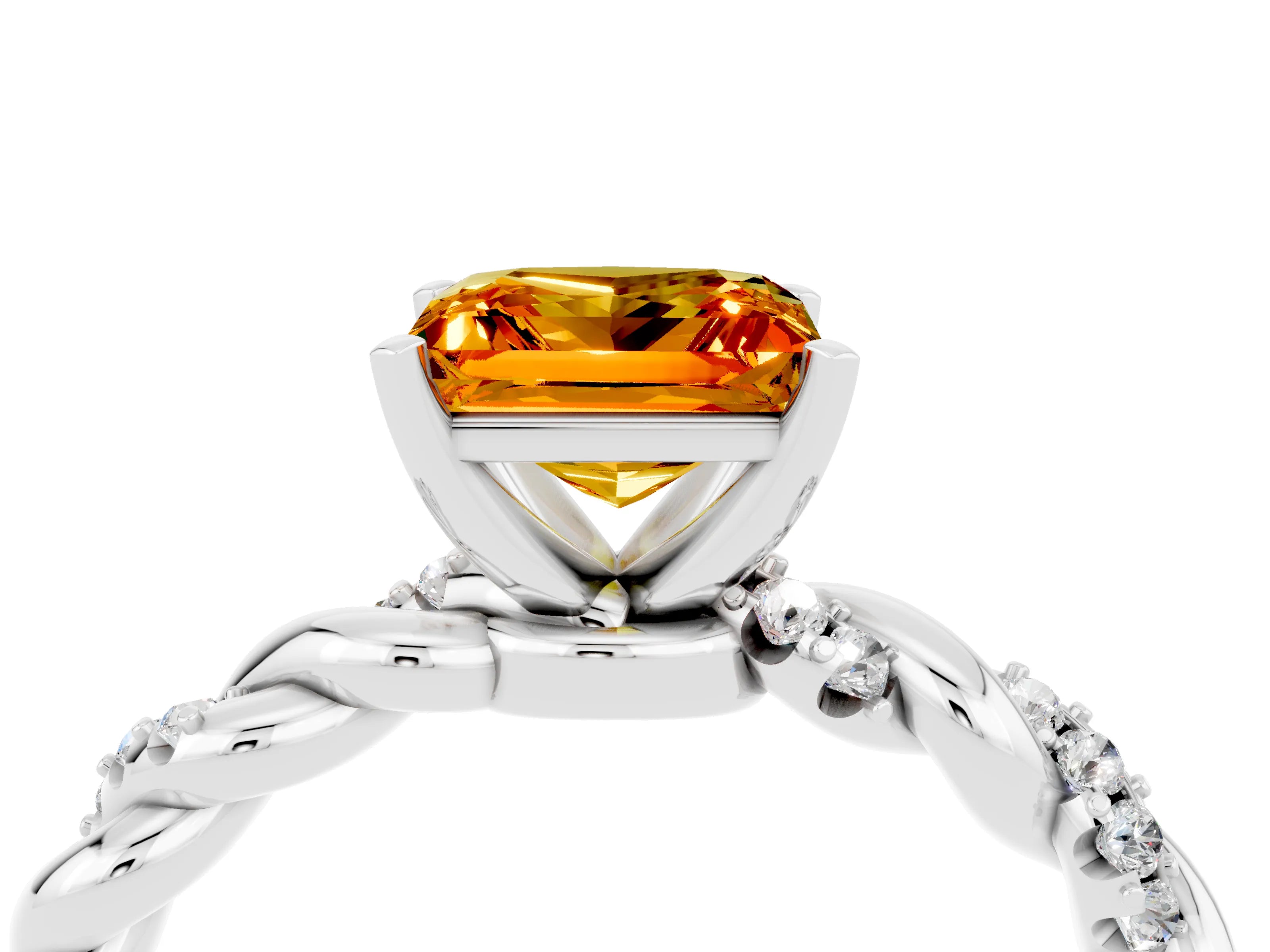 White gold Princess Cut Citrine Solitaire Ring with Twisted Band and Pavé Accents_4