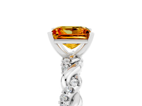 White gold Princess Cut Citrine Solitaire Ring with Twisted Band and Pavé Accents_5