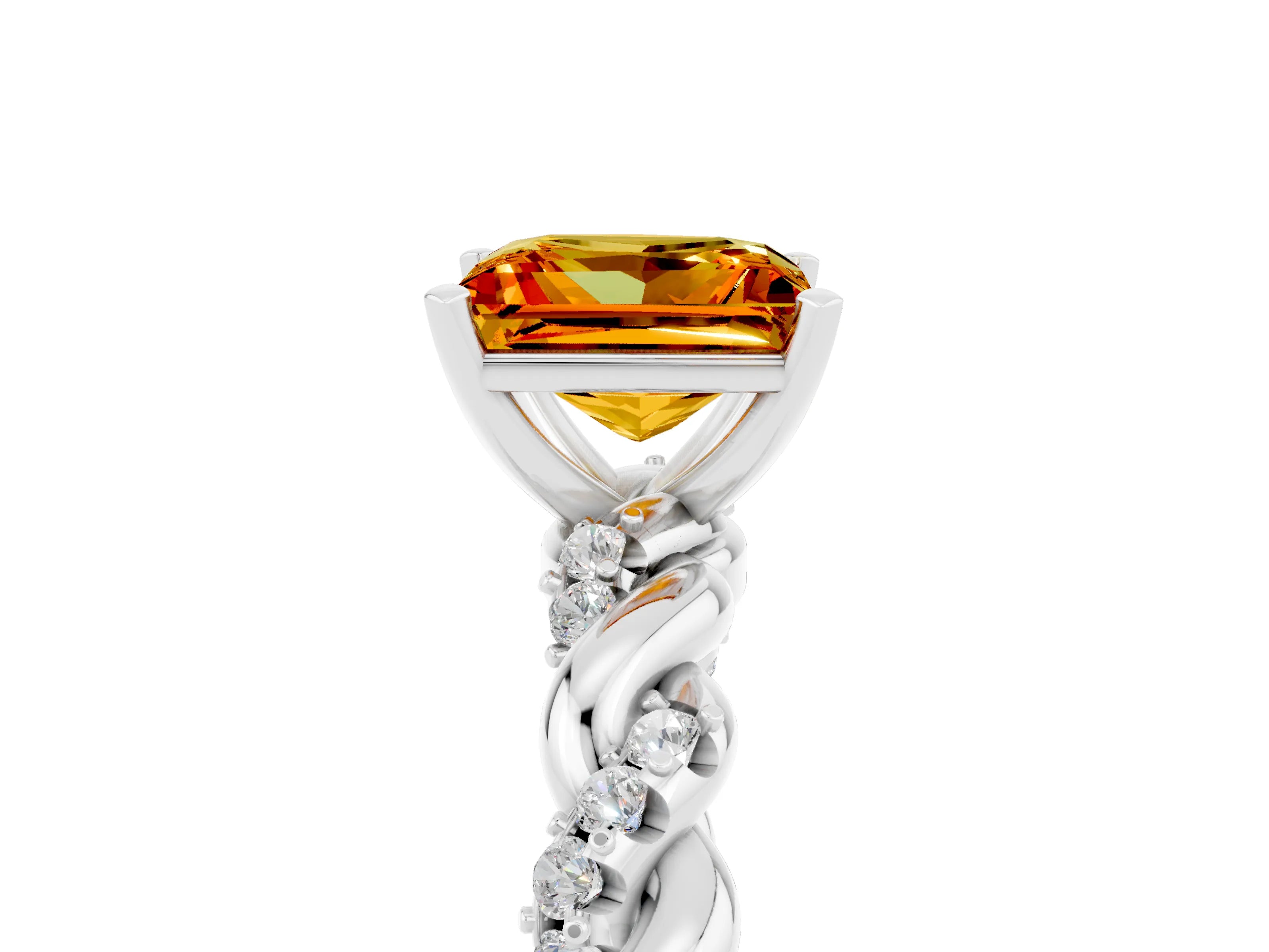 White gold Princess Cut Citrine Solitaire Ring with Twisted Band and Pavé Accents_5