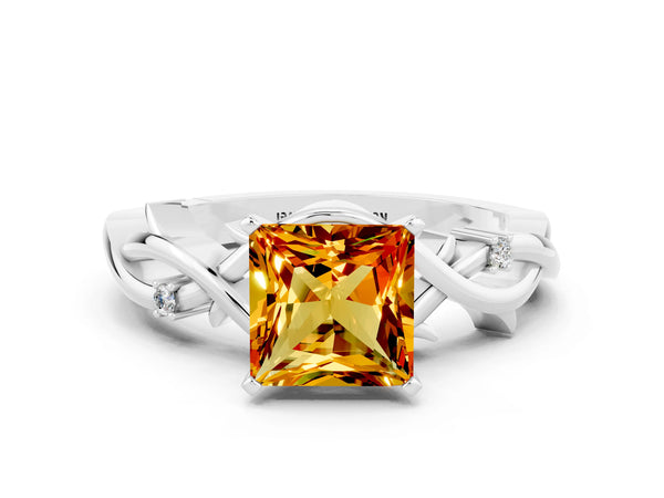 Platinum Princess Cut Citrine Solitaire Ring with Twisted Band and Prong Setting