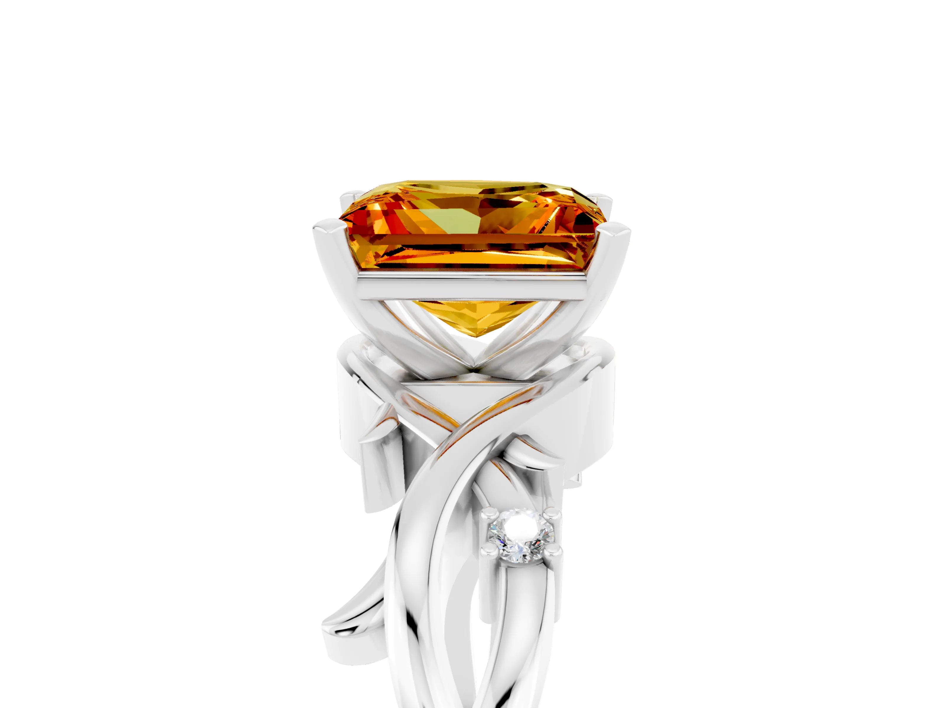 White gold Princess Cut Citrine Solitaire Ring with Twisted Band and Prong Setting_17