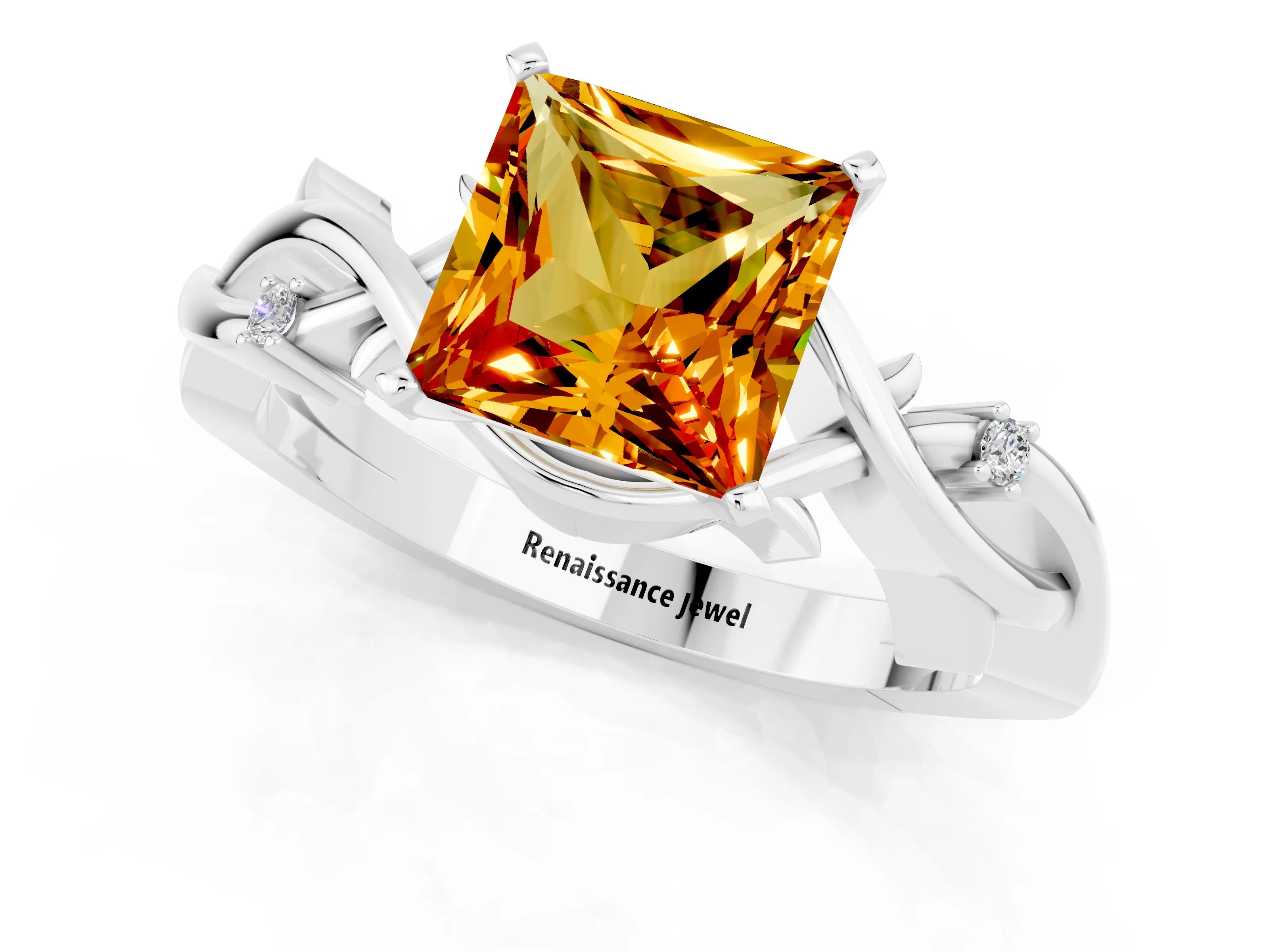 White gold Princess Cut Citrine Solitaire Ring with Twisted Band and Prong Setting_1