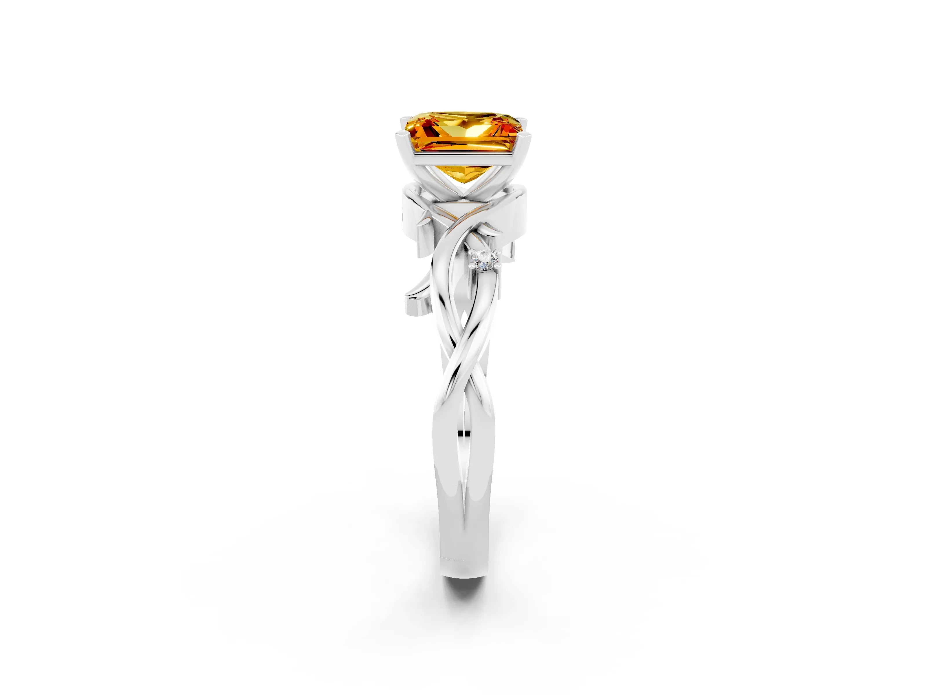 White gold Princess Cut Citrine Solitaire Ring with Twisted Band and Prong Setting_2