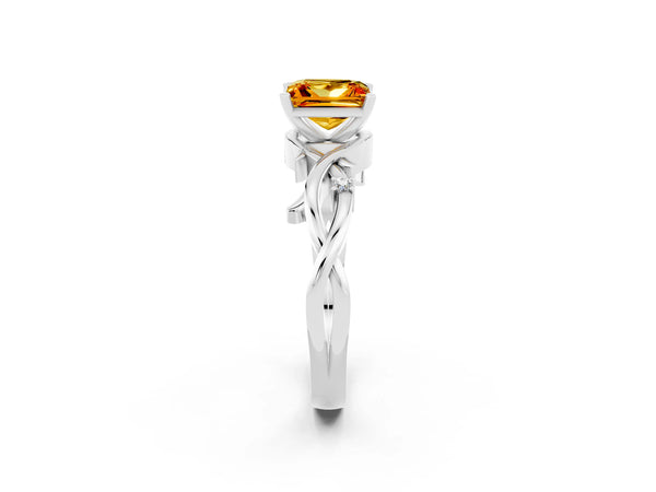 Silver Princess Cut Citrine Solitaire Ring with Twisted Band and Prong Setting