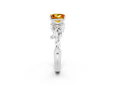 White gold Princess Cut Citrine Solitaire Ring with Twisted Band and Prong Setting_2