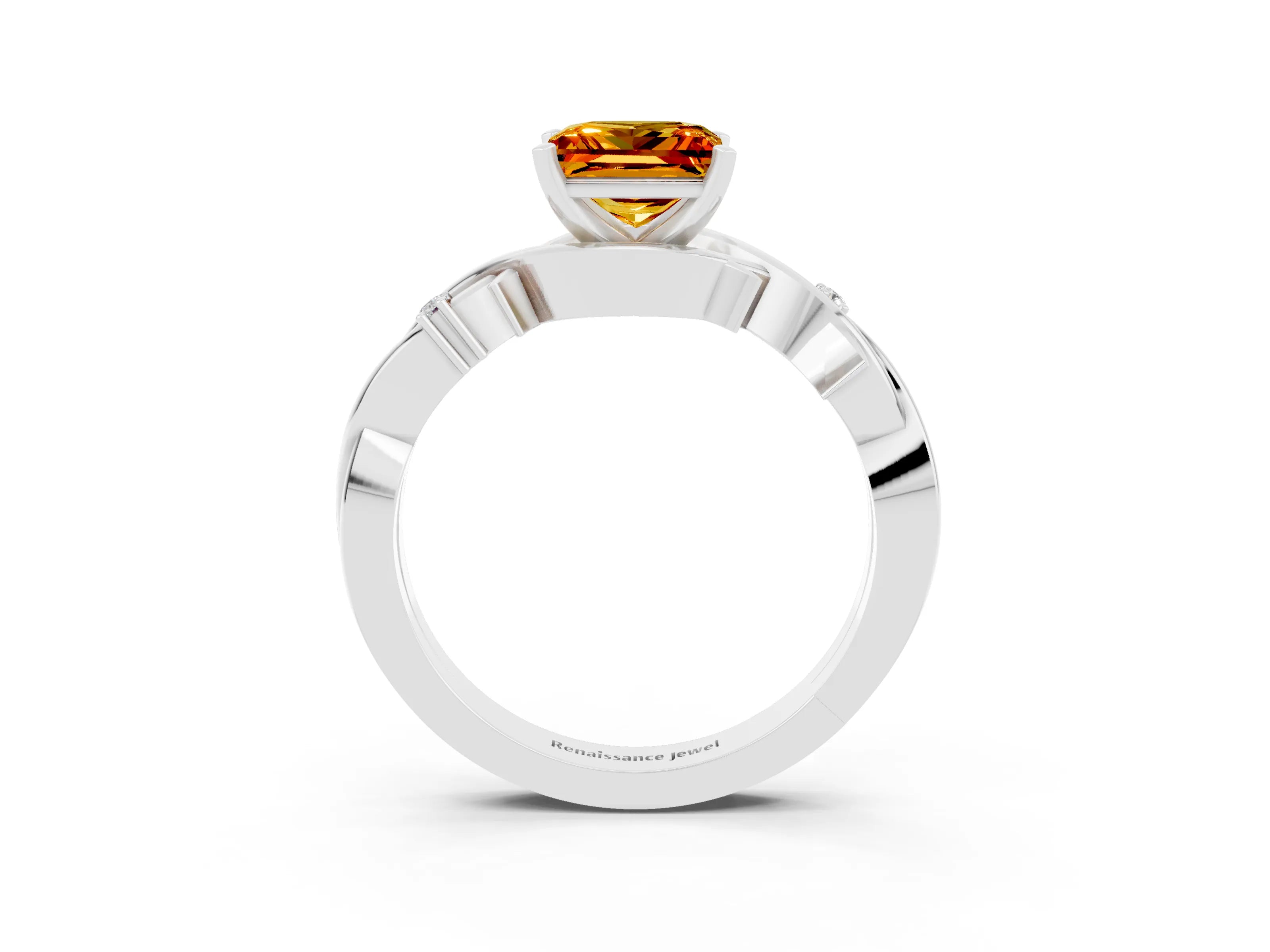 White gold Princess Cut Citrine Solitaire Ring with Twisted Band and Prong Setting_3