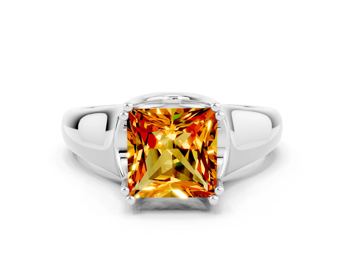 White gold Princess Cut Citrine Solitaire Ring with Wide Band and Prong Setting