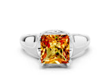 White gold Princess Cut Citrine Solitaire Ring with Wide Band and Prong Setting