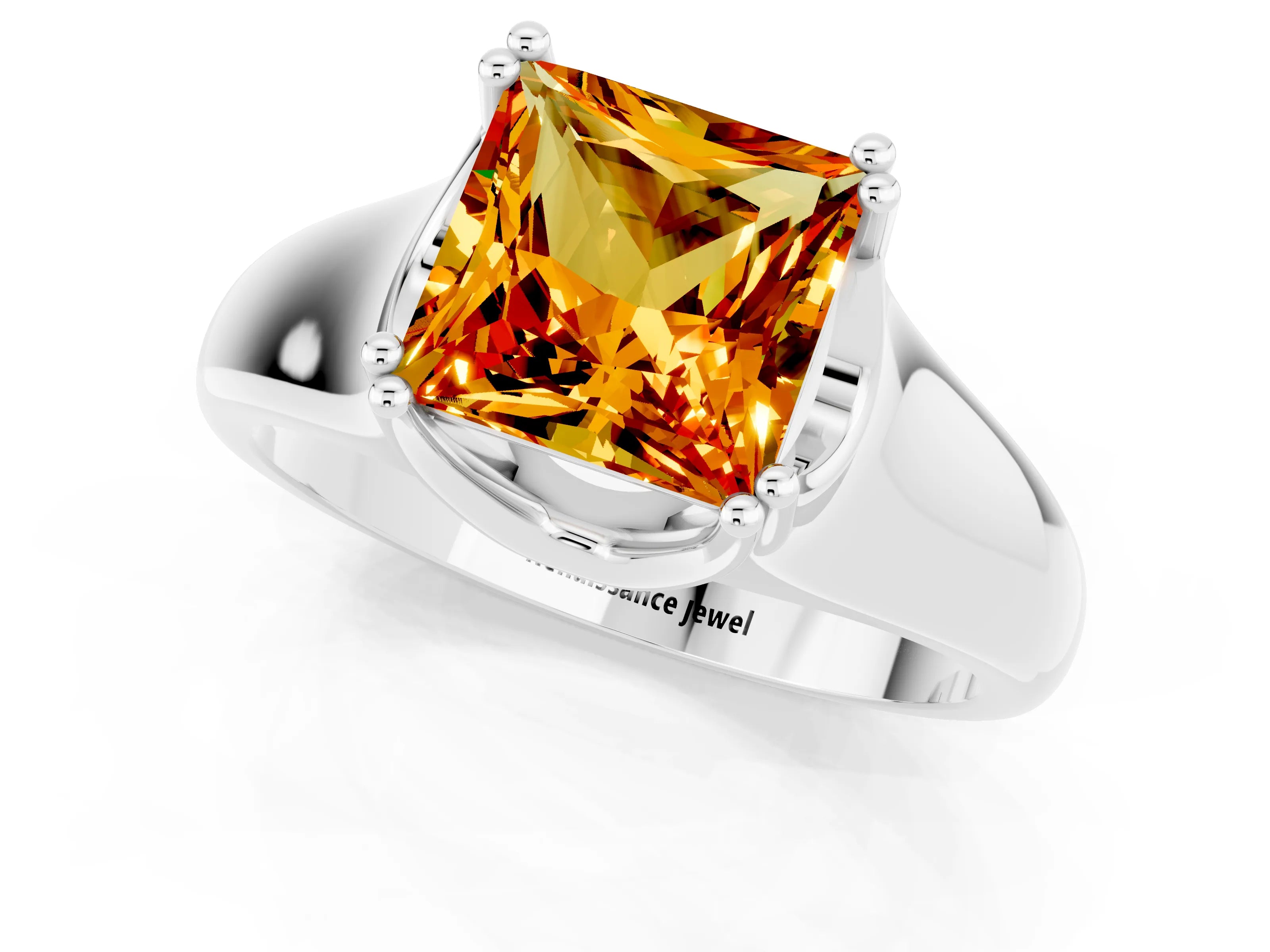 White gold Princess Cut Citrine Solitaire Ring with Wide Band and Prong Setting_1