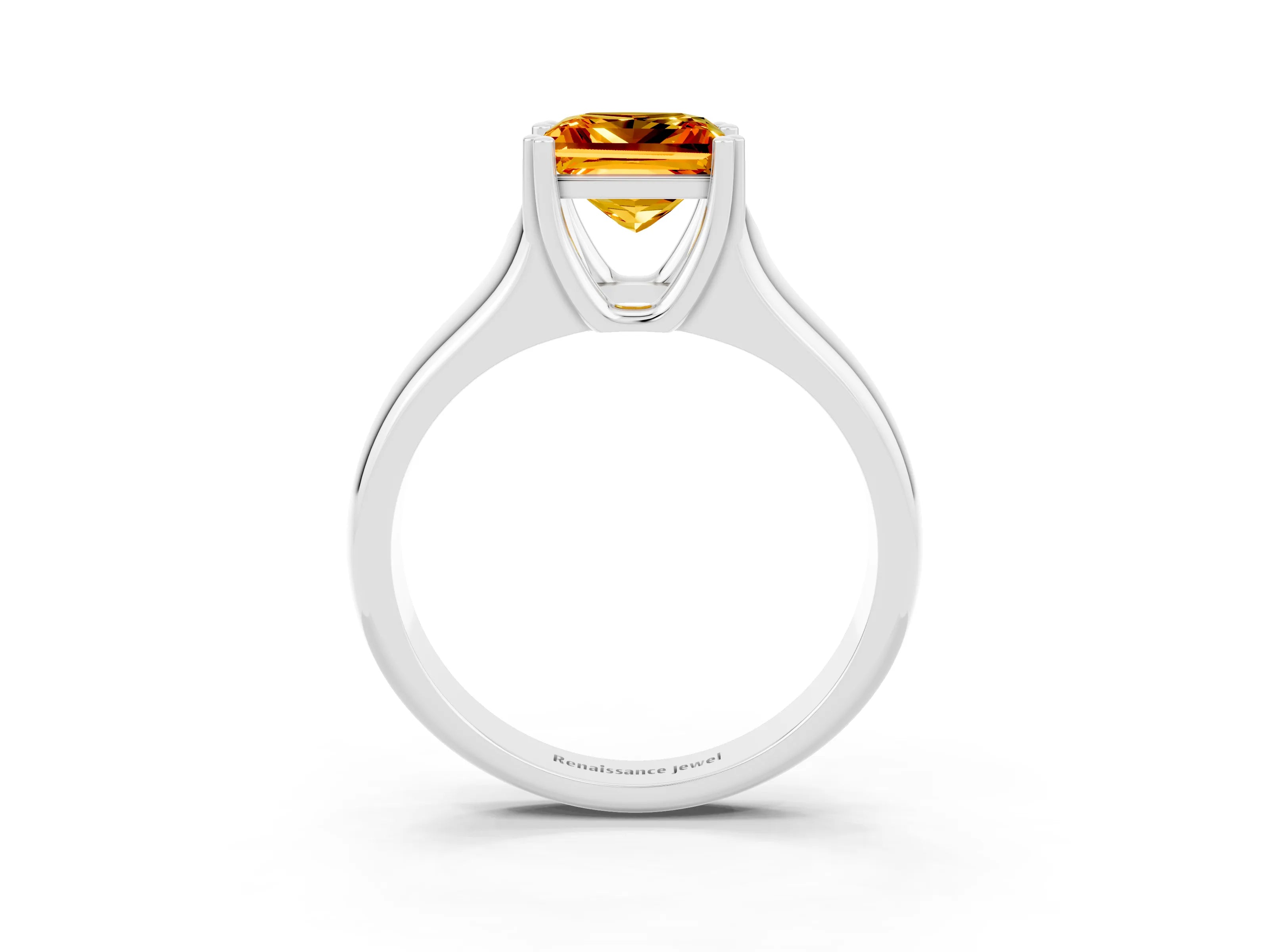 White gold Princess Cut Citrine Solitaire Ring with Wide Band and Prong Setting_3