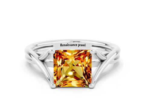 White gold Princess Cut Citrine Solitaire Twist Band Prong Setting Ring_54
