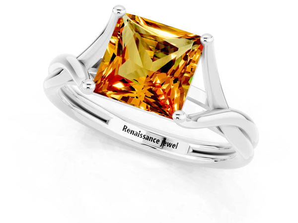 Platinum Princess Cut Citrine Solitaire Twist Band Prong Setting Ring
