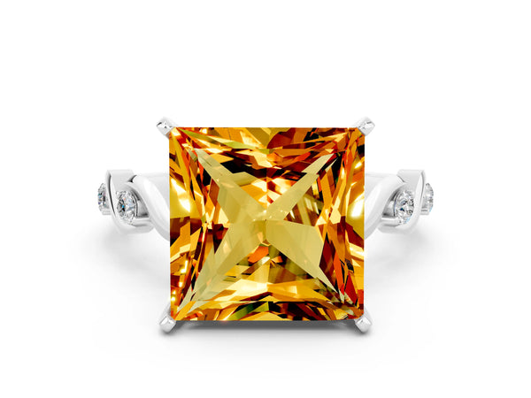 Platinum Princess Cut Citrine Solitaire Twisted Band with Round  Accents and Prong Setting