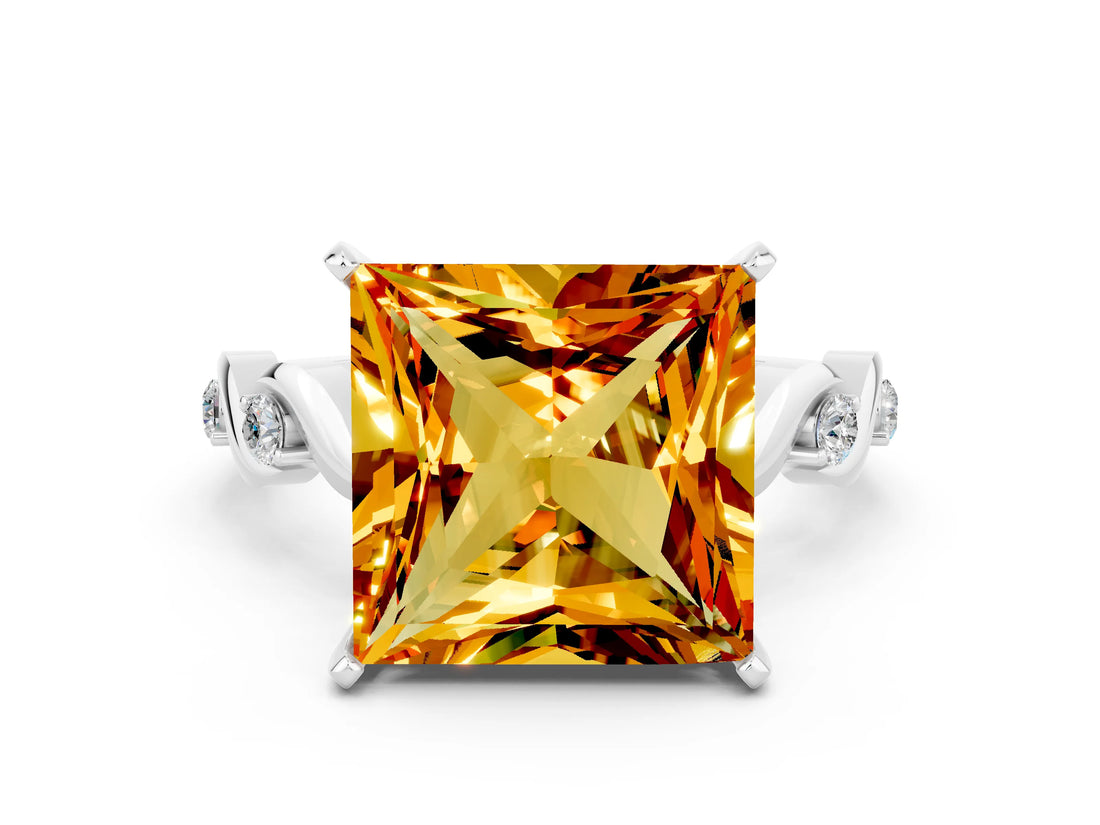 White gold Princess Cut Citrine Solitaire Twisted Band with Round  Accents and Prong Setting_12