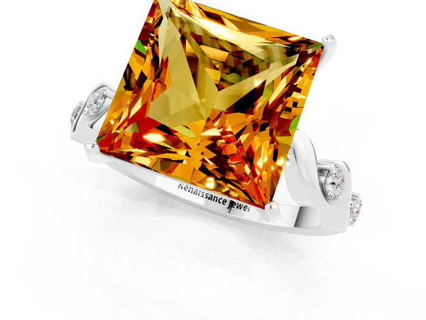Platinum Princess Cut Citrine Solitaire Twisted Band with Round  Accents and Prong Setting