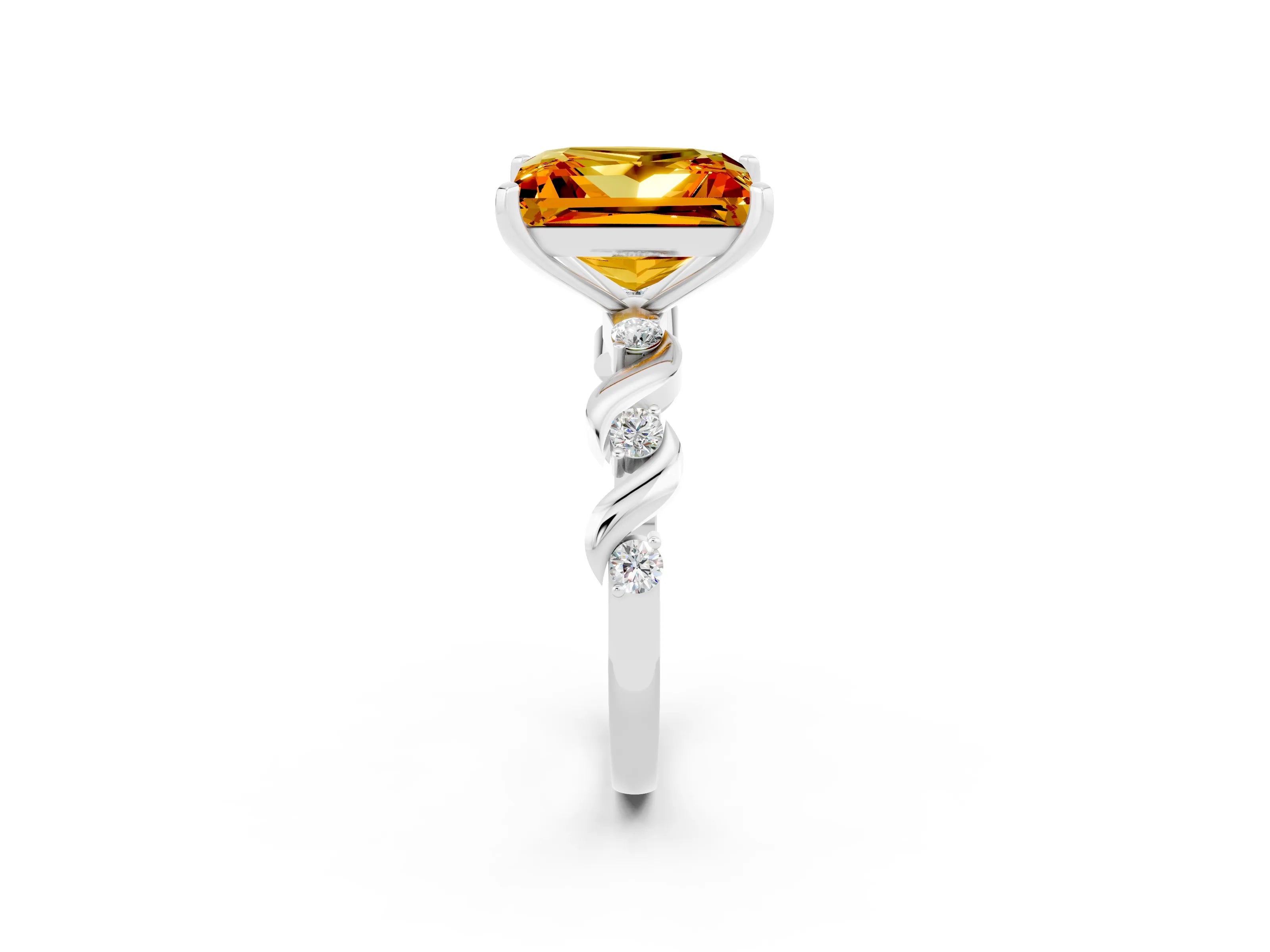 White gold Princess Cut Citrine Solitaire Twisted Band with Round  Accents and Prong Setting_14