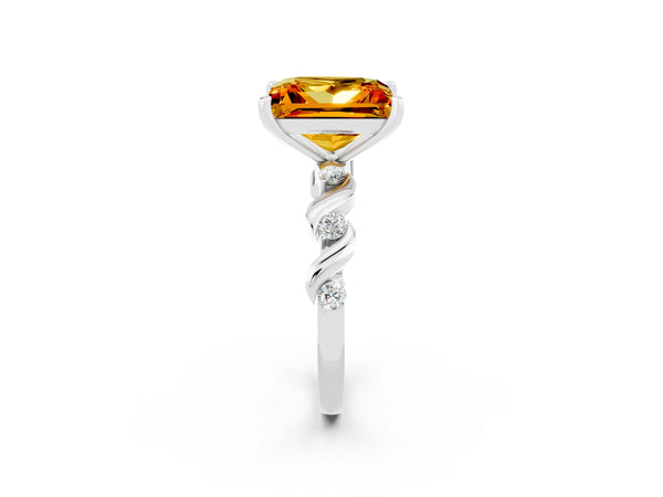 Silver Princess Cut Citrine Solitaire Twisted Band with Round  Accents and Prong Setting