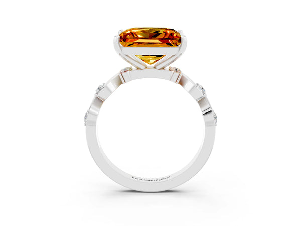 White gold Princess Cut Citrine Solitaire Twisted Band with Round  Accents and Prong Setting