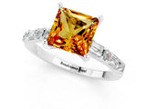 White gold Princess Cut Citrine Solitaire with Side Baguettes and Channel Set Band_1