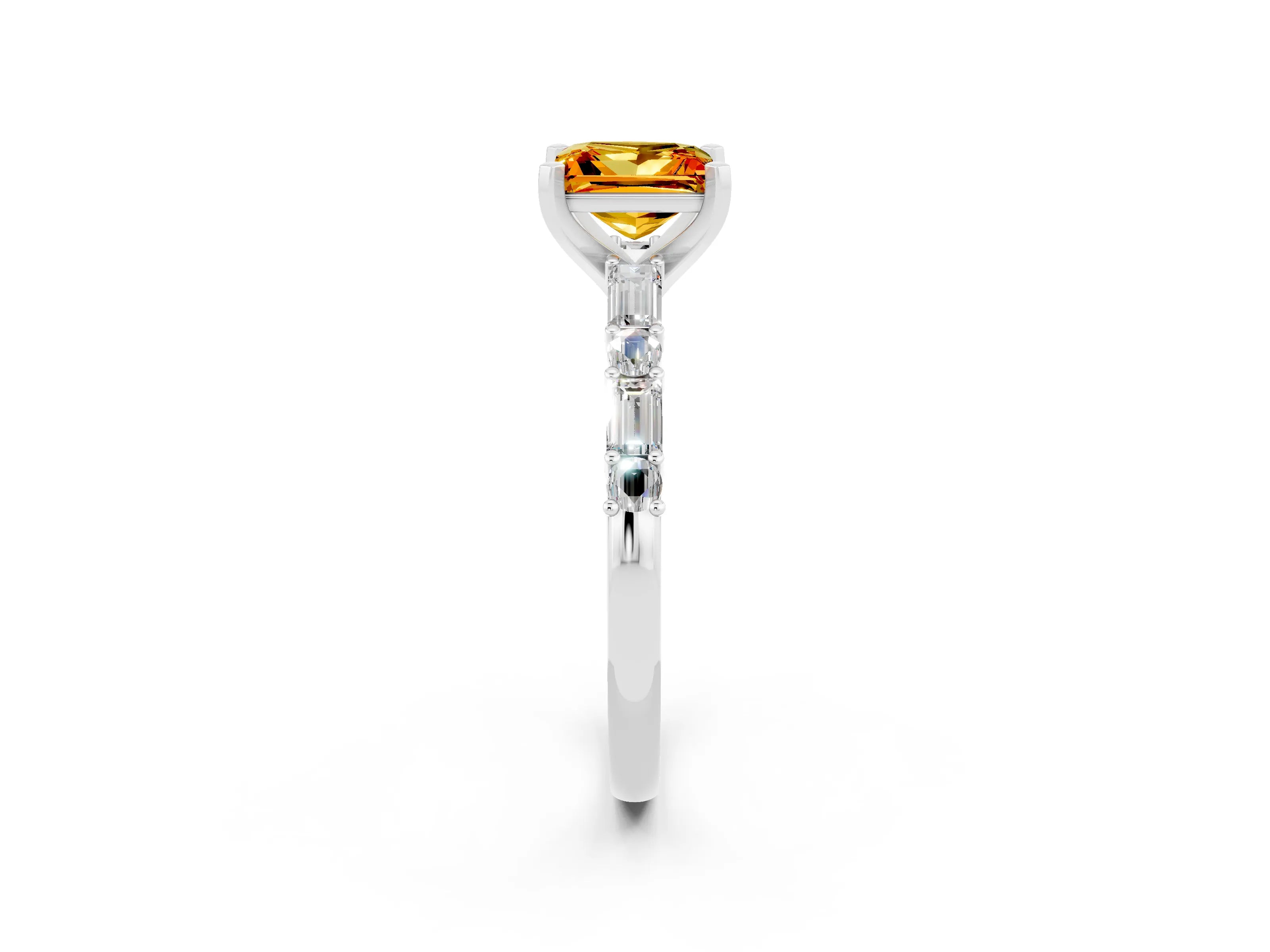 White gold Princess Cut Citrine Solitaire with Side Baguettes and Channel Set Band_2