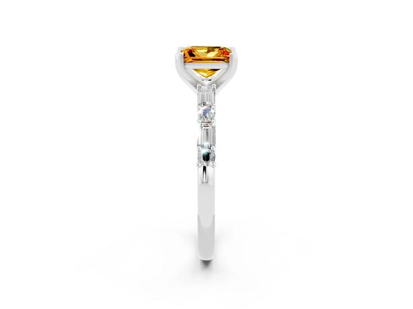 Platinum Princess Cut Citrine Solitaire with Side Baguettes and Channel Set Band