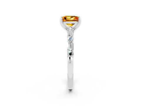 White gold Princess Cut Citrine Solitaire with Side Baguettes and Channel Set Band_2