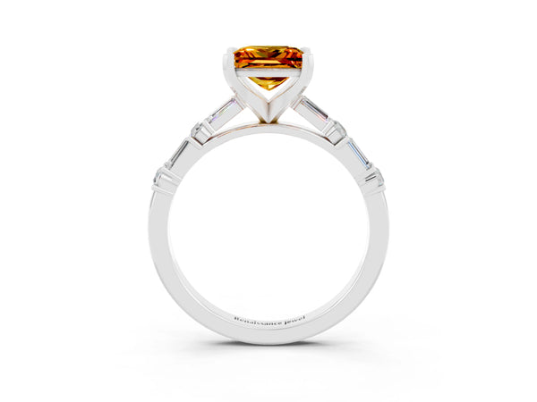 Platinum Princess Cut Citrine Solitaire with Side Baguettes and Channel Set Band