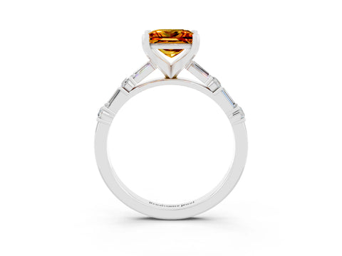 White gold Princess Cut Citrine Solitaire with Side Baguettes and Channel Set Band_3